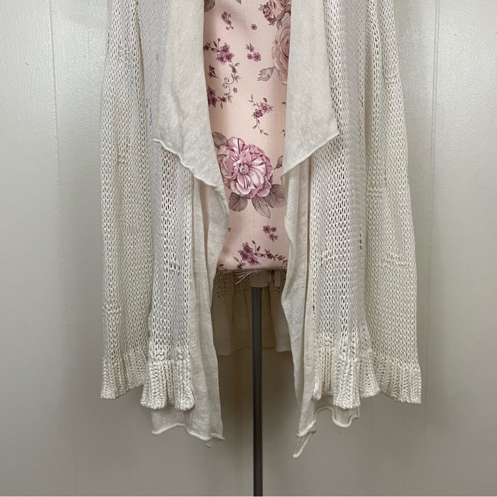 Chico’s sz:3 Off-White Knit Cardigan Ruffle Sleeve Distressed Style - Picture 3 of 14